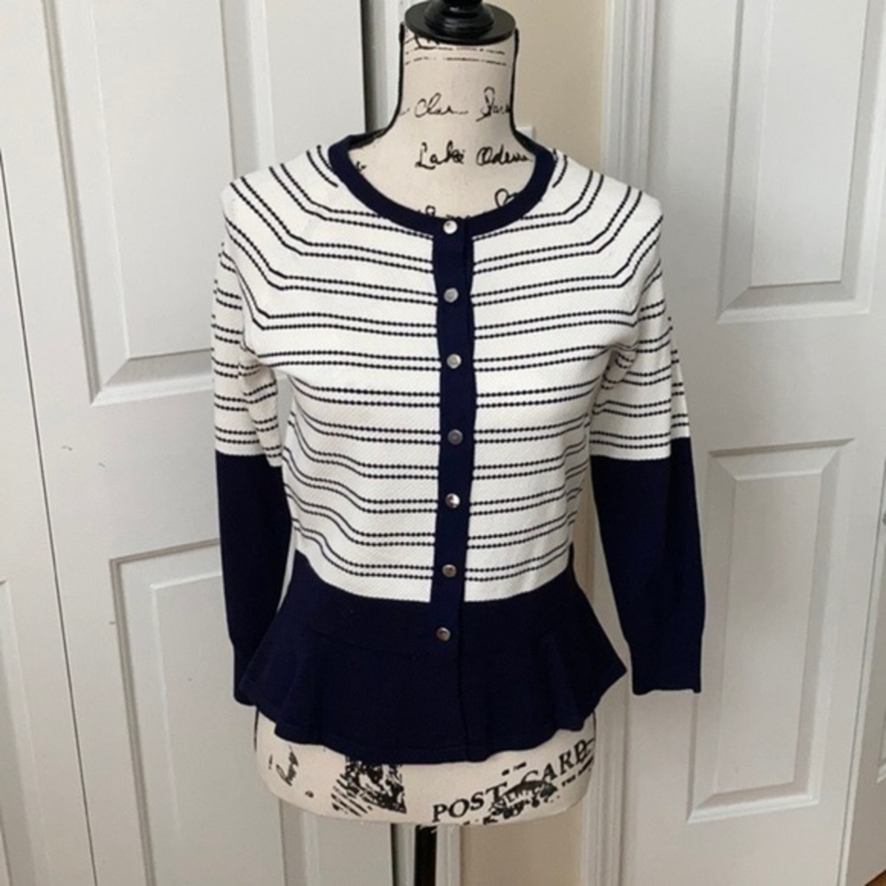 NWT Karen Millen Navy Stripe Peplum Cardigan 8